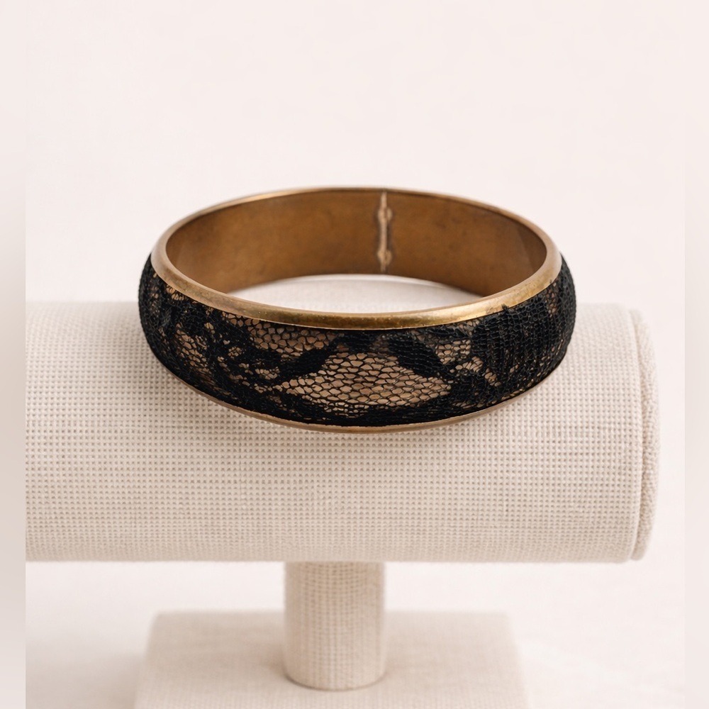 Vintage Black Lace Wrap Brass Bangle Bracelet | Boho Gothic Statement Jewelry
